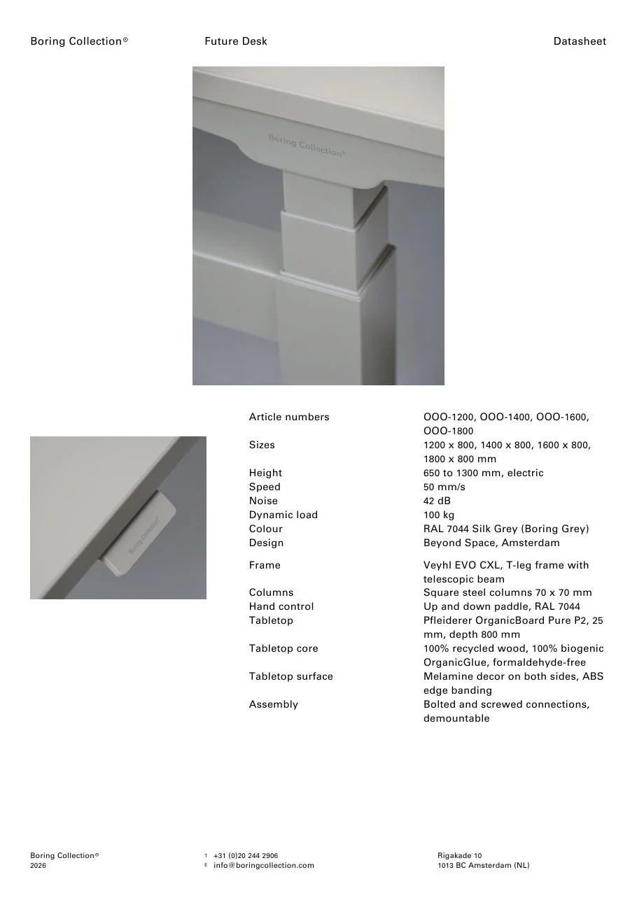 The first page of the Boring Future Desk datasheet