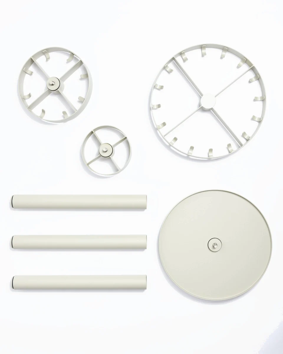 The parts of the Boring Coat Stand laid out